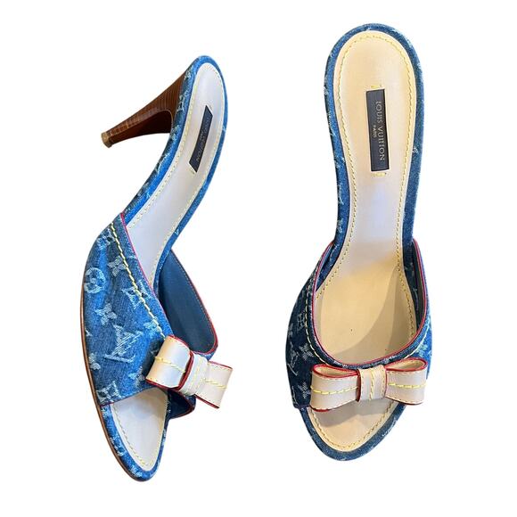 Louis Vuitton Vintage Monogram Denim Boy Logo Sandal Heels Size EU 41 - Picture 1 of 8